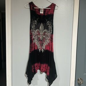 Tunic Tie-Dye Handkerchief Hem Bling Cross Scoop-Neck Red Multi Tunic/Dress